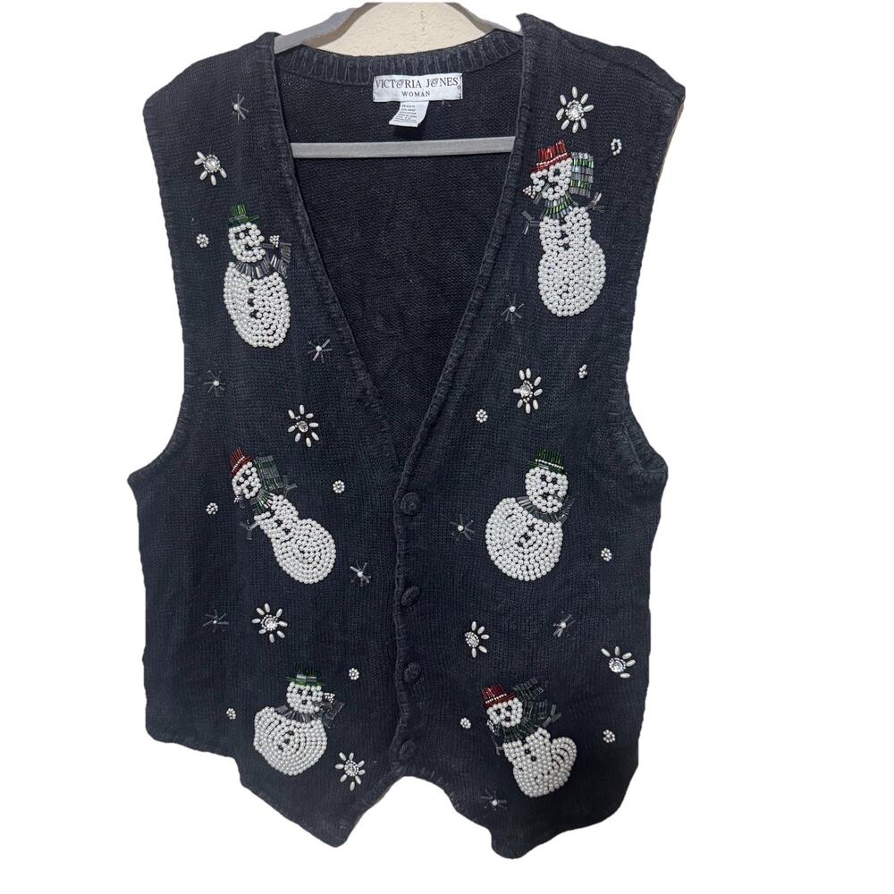 Vintage Victoria Jones Woman Sweater Vest Embroidered Beaded Snowmen Christmas